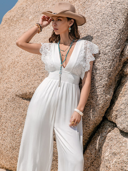 White Lace Cap Sleeve Jumpsuit