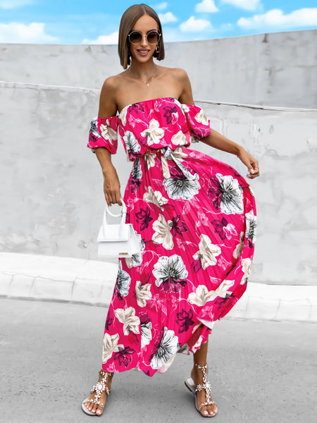 Pleated Floral Off-Shoulder Midi Dress