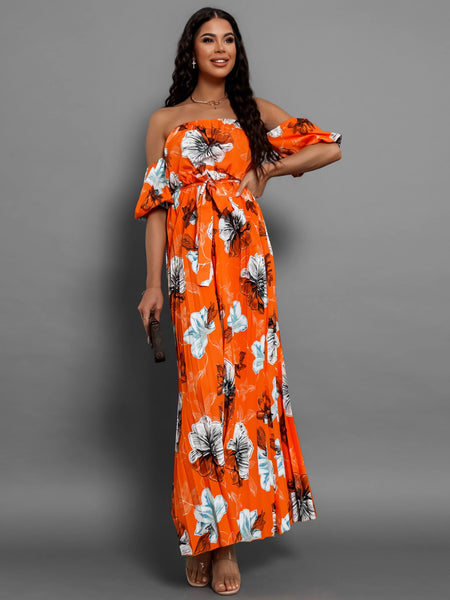 Pleated Floral Off-Shoulder Midi Dress