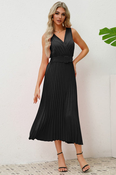 Pleated Surplice Belted Midi Dress