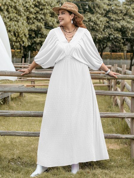 White Swiss Dot Three-Quarter Sleeve Maxi Dress+