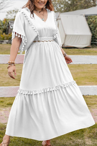 White Tassel Smocked V-Neck Maxi Dress+