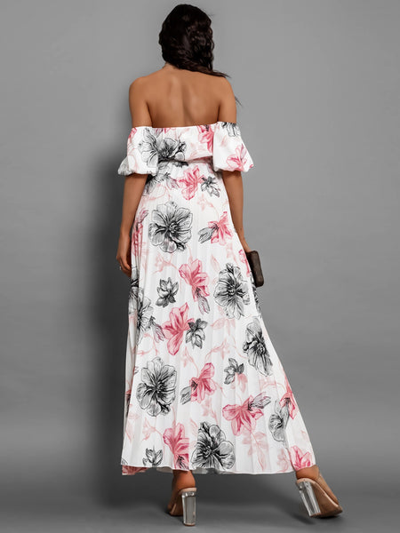 Pleated Floral Off-Shoulder Midi Dress