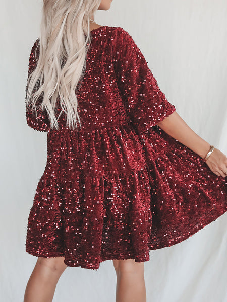 Sequin Half Sleeve Babydoll Dress