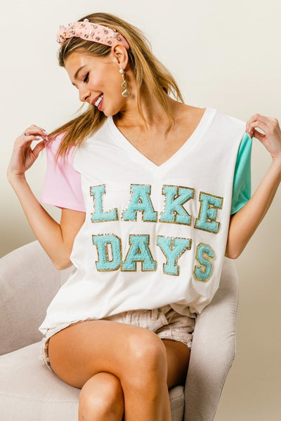 LAKE DAYS Letter Patch V-Neck T-Shirt