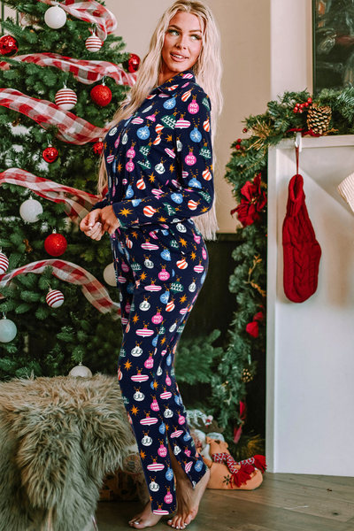 Christmas Ornaments Printed Navy Pajama Set