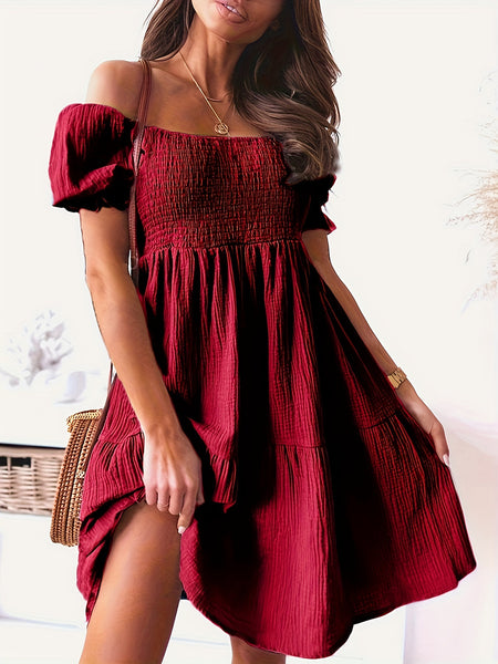 Ruffled Off-Shoulder Short Sleeve Dress+