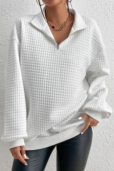 White Waffle Knit Collared Sweatshirt