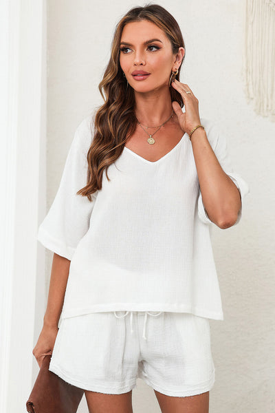 White V-Neck Top and Shorts Set