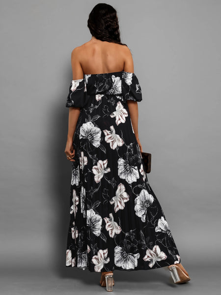 Pleated Floral Off-Shoulder Midi Dress