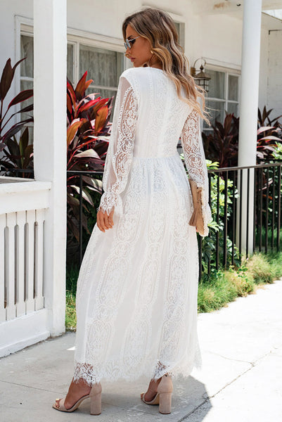 White Scalloped Lace V-Neck Maxi Dress