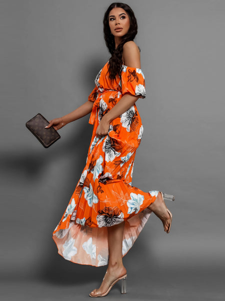 Pleated Floral Off-Shoulder Midi Dress