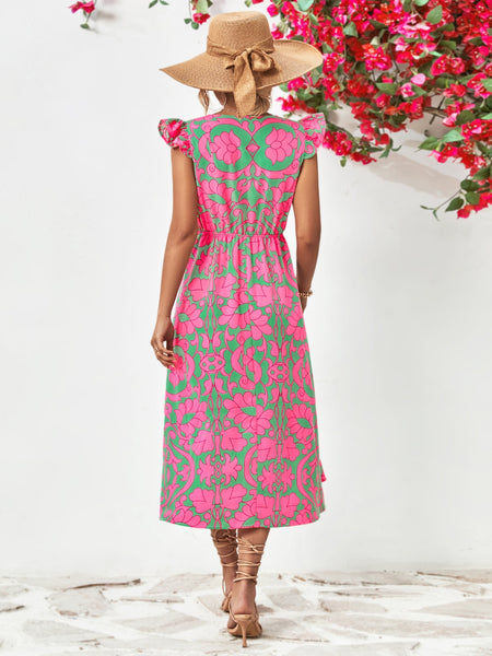 Pink & Green Printed Cap Sleeve Dress