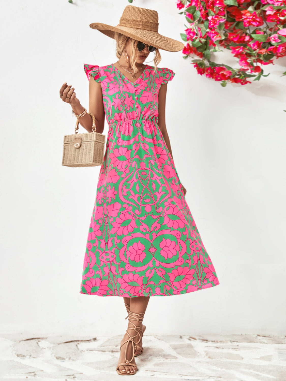 Pink & Green Printed Cap Sleeve Dress