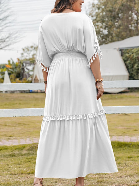 White Tassel Smocked V-Neck Maxi Dress+