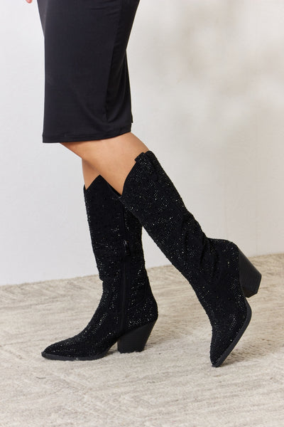 Black Rhinestone Knee High Cowboy Boots