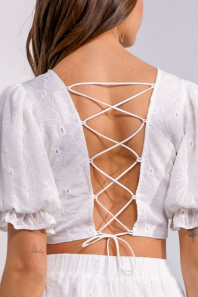 White Embroidered Back Lace Up Crop Top