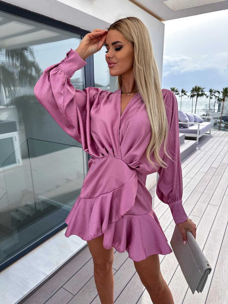 Satin Long Sleeve Lantern Sleeve Mini Dress