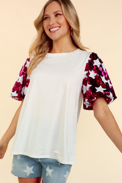 USA Collection Star Sequin Bubble Sleeve Top