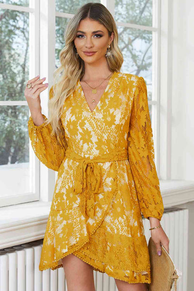 Pompom Trim Long Sleeve Floral Lace Dress+