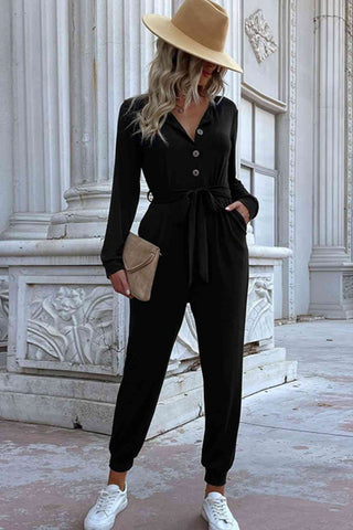 Black Button Front Belted Jogger Jumpsuit