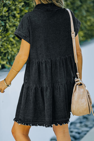 Button Front Raw Hem Denim Dress