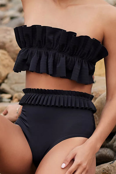 Black Ruffled High-Waist Swim Set