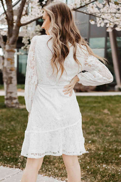 Pompom Trim Long Sleeve Floral Lace Dress+