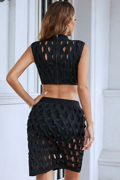 Black Webbed Cropped Top and Skirt Set