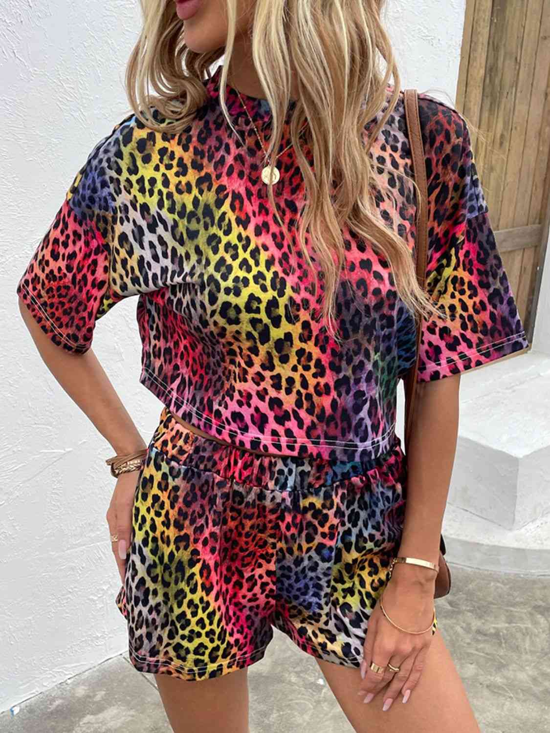 Bright Leopard Half Sleeve Top and Shorts Set