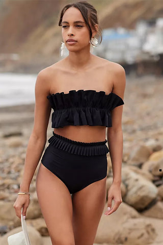 Black Ruffled High-Waist Swim Set