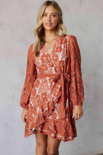 Pompom Trim Long Sleeve Floral Lace Dress+