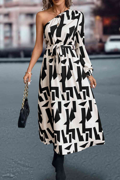 Printed One-Shoulder Tie Waist Dress