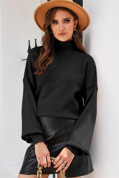 Black Turtleneck Lantern Sleeve Sweater