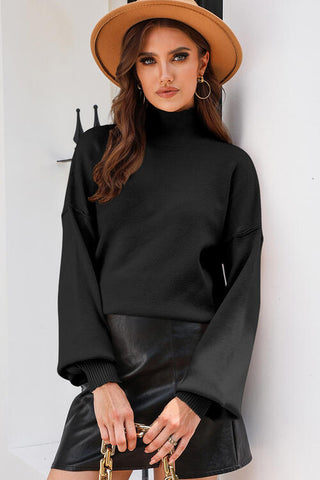 Black Turtleneck Lantern Sleeve Sweater