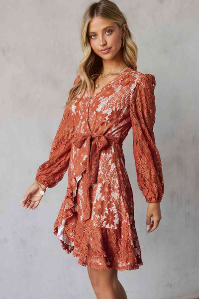 Pompom Trim Long Sleeve Floral Lace Dress+