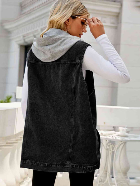 Drawstring Hooded Sleeveless Long Denim Vest