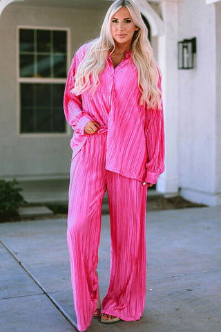 Hot Pink Pleated Button-Up Shirt and Wide-Leg Pants Set