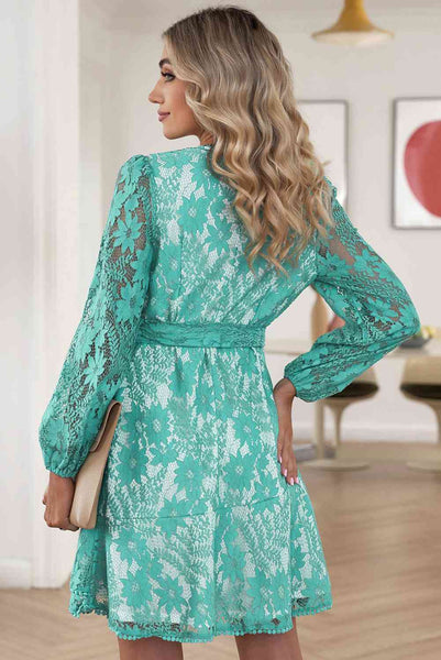 Pompom Trim Long Sleeve Floral Lace Dress+