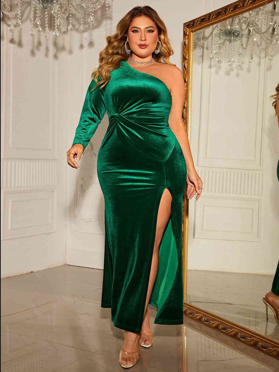 Emerald Green One-Shoulder Twisted Slit Dress+