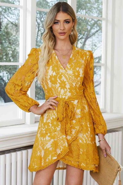 Pompom Trim Long Sleeve Floral Lace Dress+