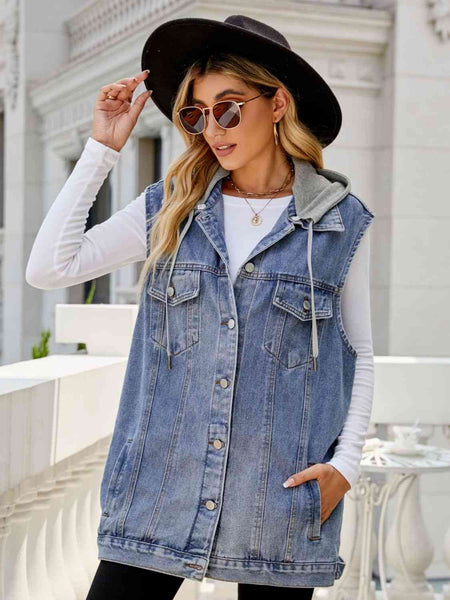 Drawstring Hooded Sleeveless Long Denim Vest