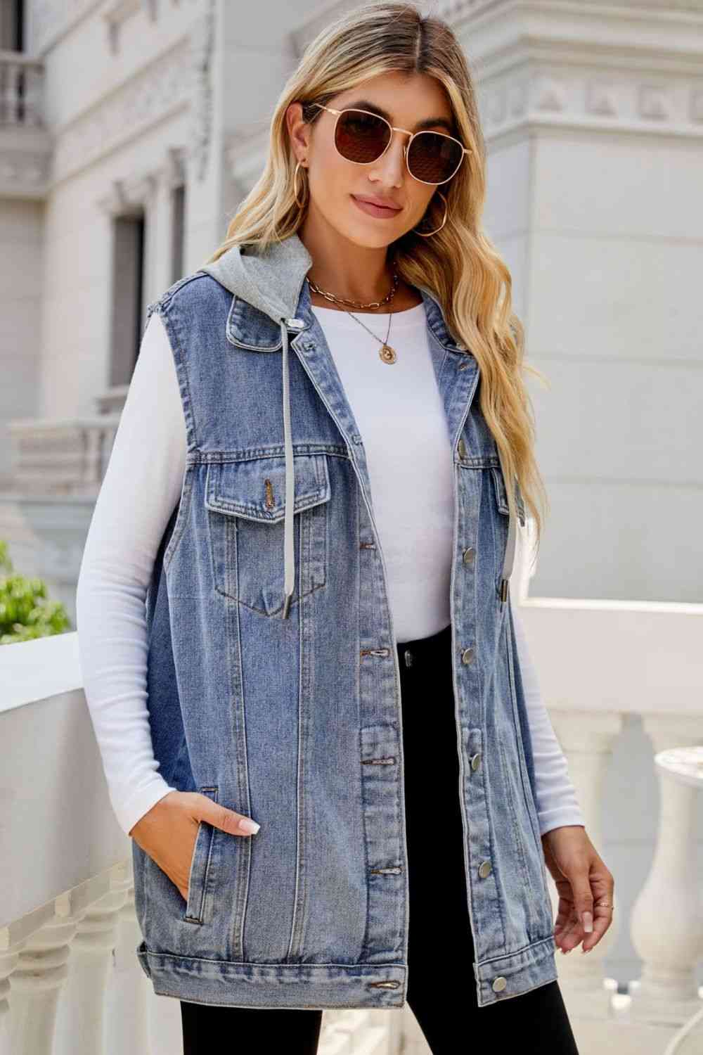 Drawstring Hooded Sleeveless Long Denim Vest