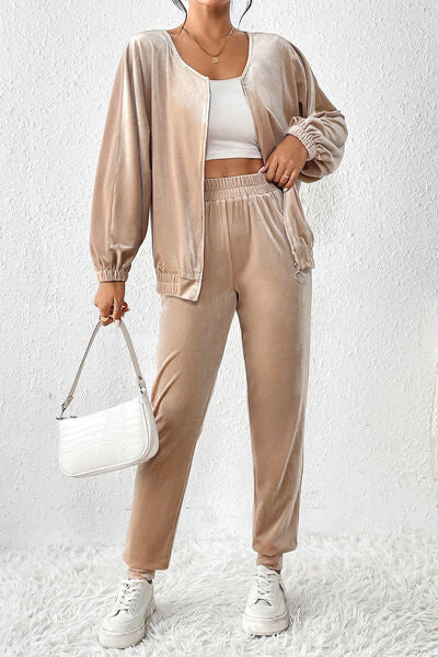 Champagne Velour Zip Up Top and Pants Set