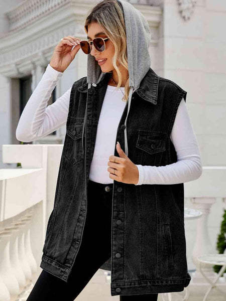 Drawstring Hooded Sleeveless Long Denim Vest