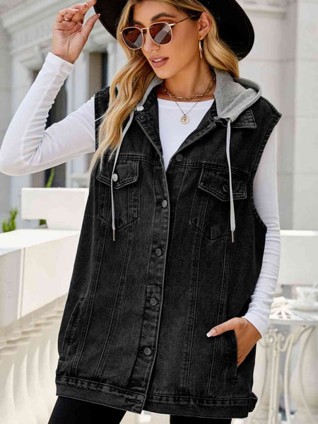 Drawstring Hooded Sleeveless Long Denim Vest