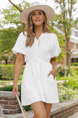 White Short Sleeve Mini Dress with Pockets