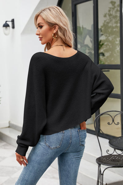 Boat Neck Ribbed Dolman Sleeve Sweater