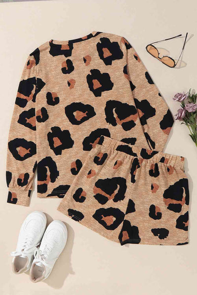 Big Print Leopard Long Sleeve Top and Shorts Set