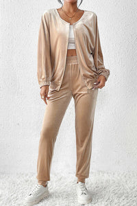 Champagne Velour Zip Up Top and Pants Set